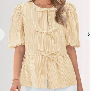 Pretty Garden Mustard Yellow White Stripe Bow Button Front Short Sleeve Top M